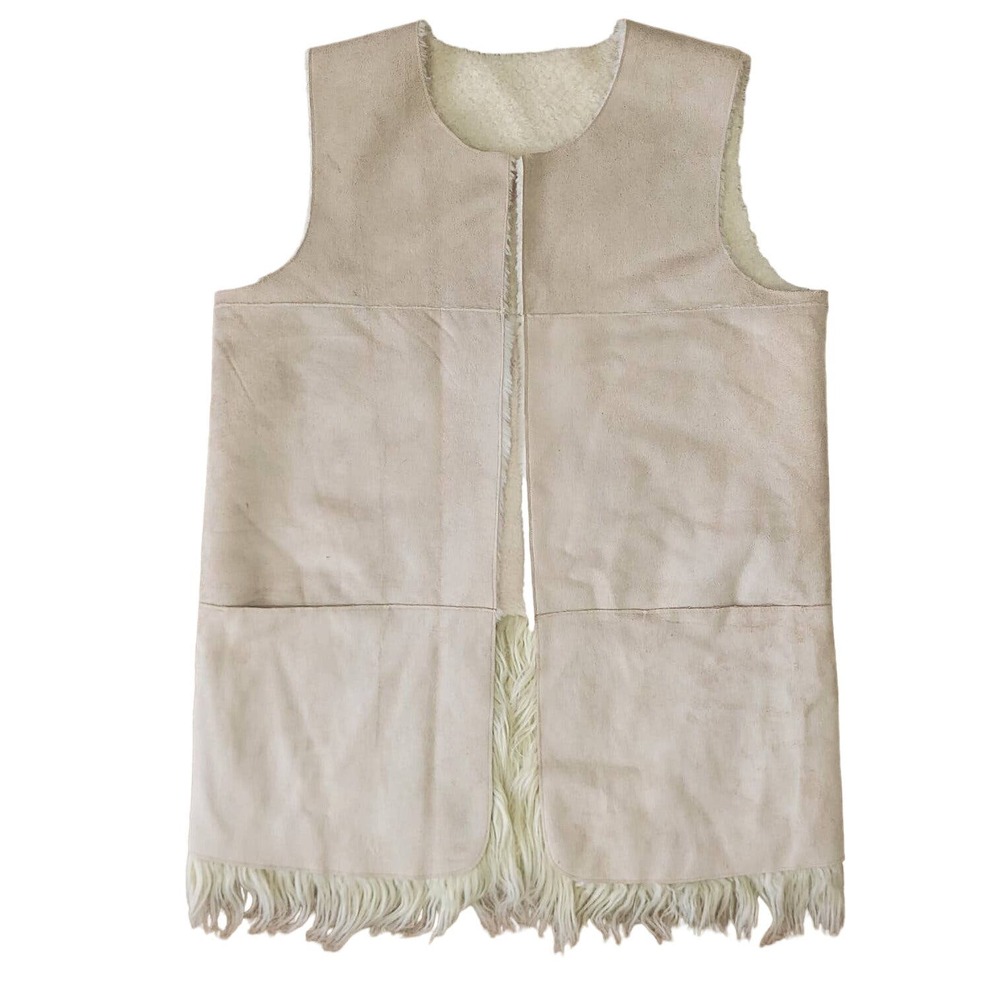 Guess Sz L Vegan Suede Minimalist Faux Fur Tan Boho Hippie Chic Longline Vest